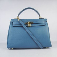 Hermes Kelly 32Cm Togo Leather Handbag Blue/Gold